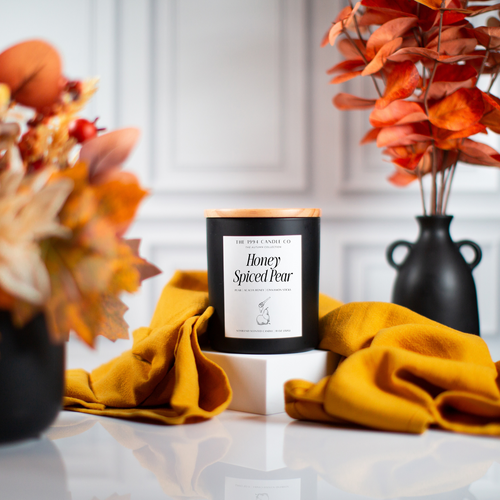Matte Black Modern Candle, Honey Spiced Pear strongly fragranced fall candle.